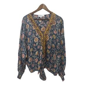 Bunulu Women's Top Boho Floral Colorful Large V Neck Blue Orange Yellow